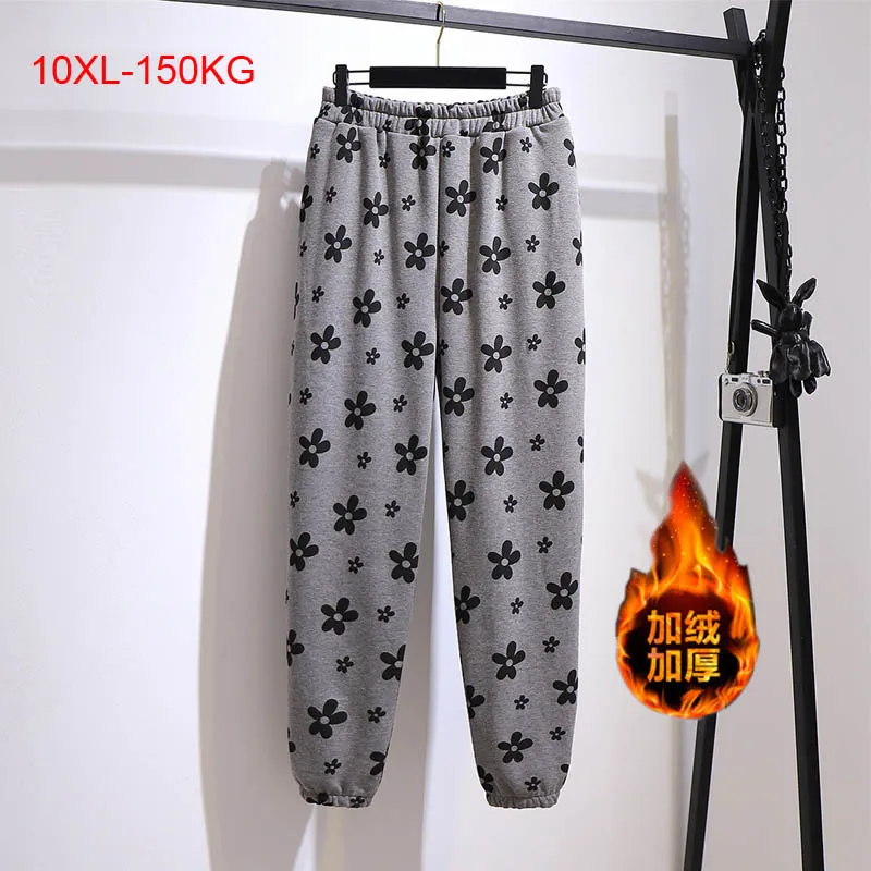 150Kg Plus Size Women's Autumn Winter Fleece Casual Sports Wide-Leg Pants 6XL 7XL 8XL 9XL 10XL Print Gray Loose-Fit Trousers