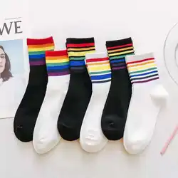 1Pair Fashion Socks Cotton Rainbow Stripes Christmas Gift Classic Warm Fashion Tide Casual Funny Cute Pop Korean Socks For Women