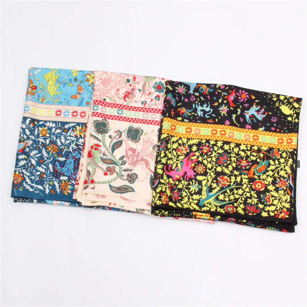POBING Twill Silk Scarf Women Shawls Forest Animals Print Stoles Bandana Kerchief Hijab Square Scarves Wraps Silk Foulards 130CM