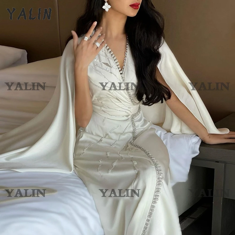 Customized Arabic Satin Moroccan Evening Dresses Cape Sleeve Beaded Long Formal Dress Dubai V Neck Robes De Soirée Customer Made