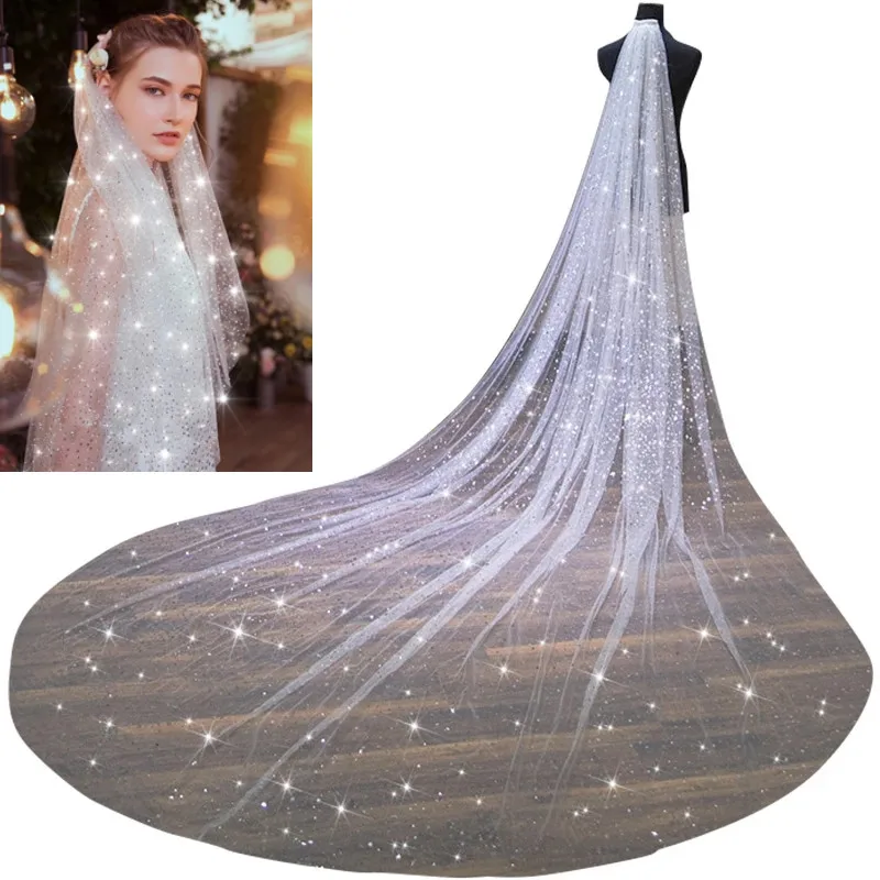 Véu de noiva longo sparkly bling branco champanhe catedral brilhante véu de casamento com pente 3.5 metros uma camada velo novia