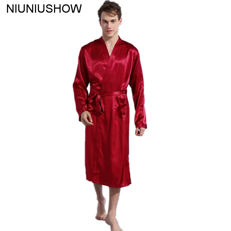 Burgundy Size S - XXL Chinese Men's Rayon Satin Casual Nightwear Robe Gown Solid Color Kimono Bathrobe Sleepwear Pajamas