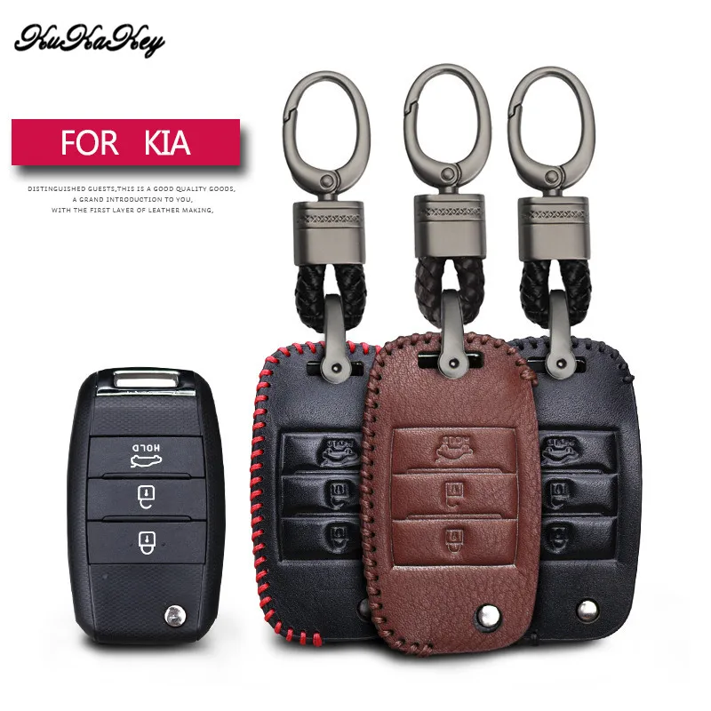 Leather Car Key Case Cover Protection Shell Skin For Kia Rio K2 K3 K5 Bongo Sorento Soul Sportage Car Keyring Keychain