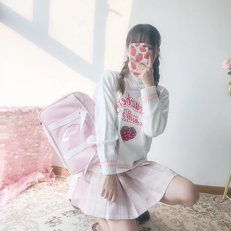 Cute Strawberry Embroidered Loose Sweater Women\'s Sweaters Japanese Kawaii Ulzzang Female Korean Harajuku Clothing For Women