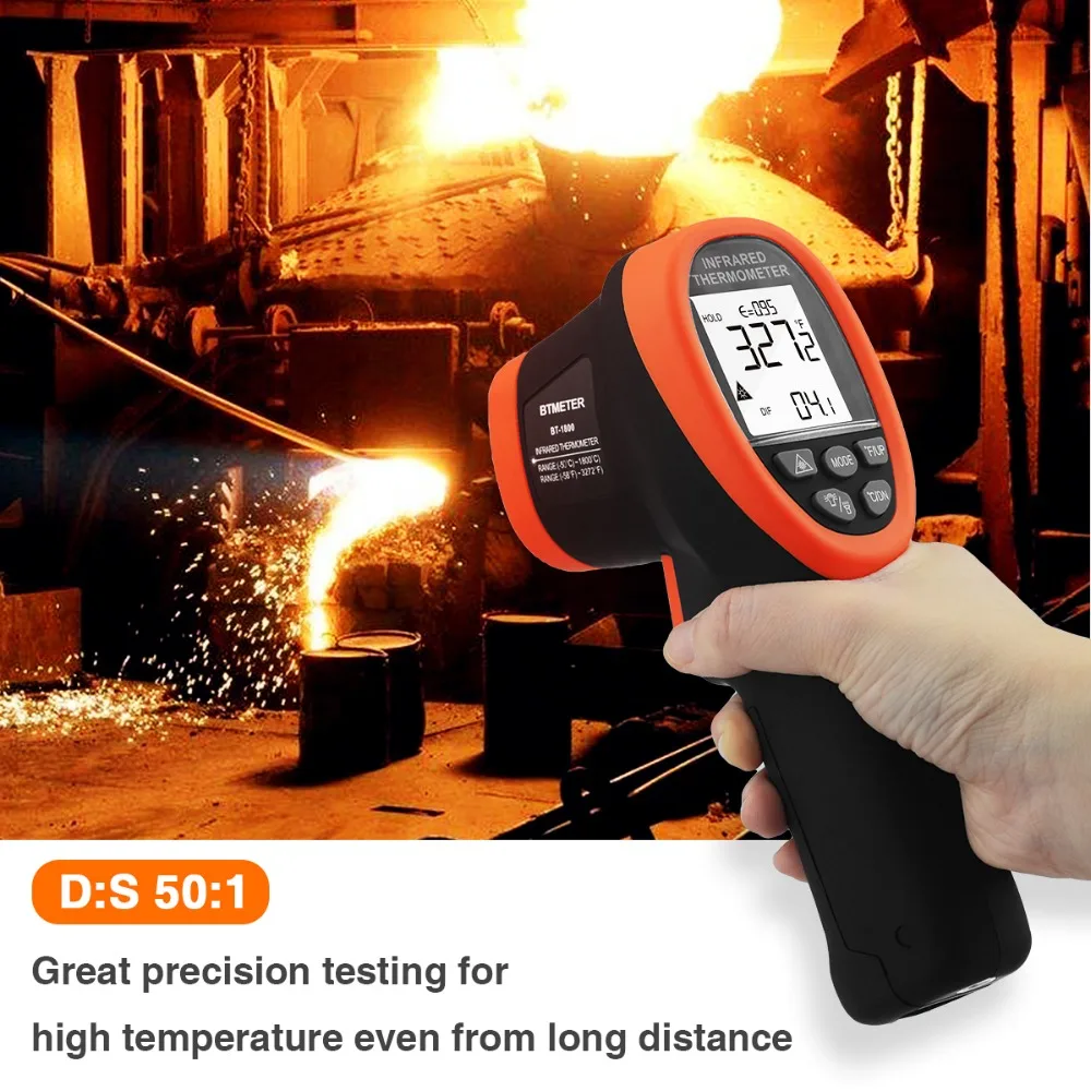 BTMETER BT-1800 Digital Infrared Thermometer 50:1 Non Contact Pyrometer IR Laser High Temperature Testing Gun -58 °F ~ 3272°F