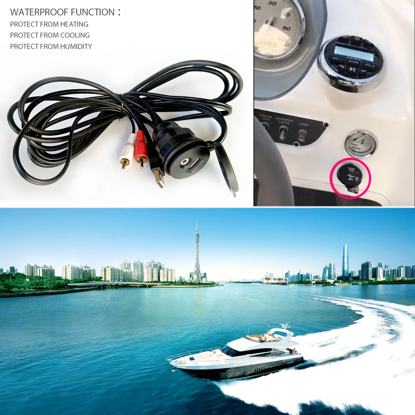 Waterproof Marine Extension USB Audio Cable Stereo Boat Universal 3.5mm RCA AUX USB Interface Cable Port UTV ATV Yacht Golf Cart