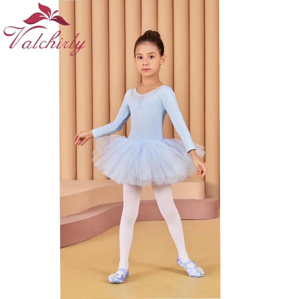 Simple Ballet Dance Dress Tight-Fitting Long Sleeved  Mesh Jumpsuit Practice Clothes Girls Tutu Skirt