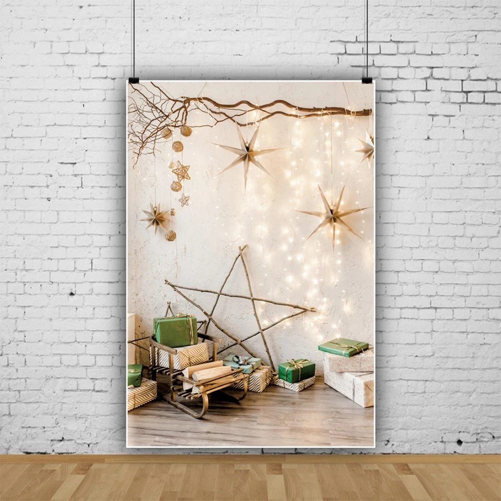 크리스마스 배경, 라이트 트리 분기, 별 선물, 나무 바닥, 아기 방, 사진 배경, 사진 스튜디오, 핸드폰 배경