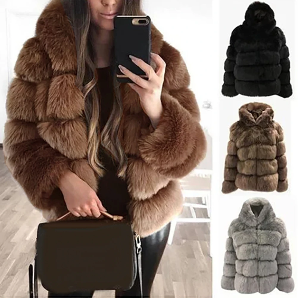 Women Thicken Warm Fluffy Hooded Coat Long Sleeve Faux Fur Jacket Outerwear Ladies solid color short with plush winter coat