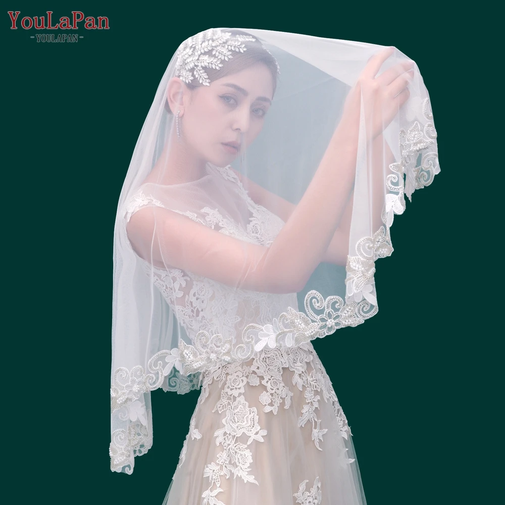 

YouLaPan V60 Wedding Veil Sparkle with Lace Veii 1 Tier Bride Headband Veil Luxury Bridal Veils Cover Front and Back Vintage