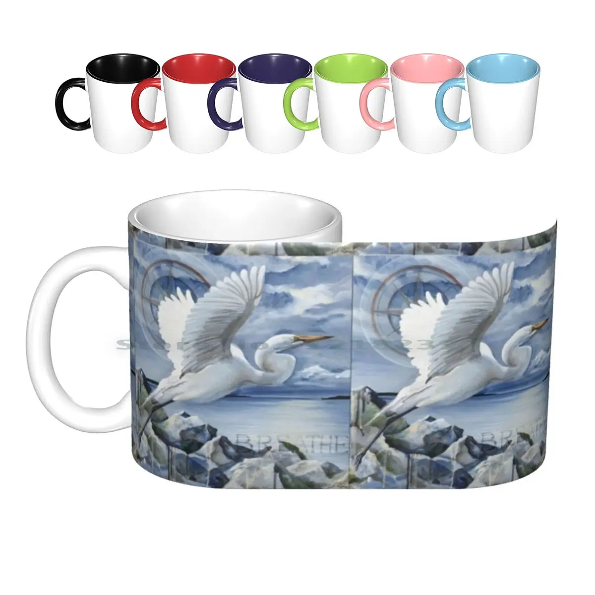 Just Breathe Ceramic Mugs Coffee Cups Milk Tea Mug Egret Breathe Lake Flight Compass Rose Calm Creative Trending Vintage Gift