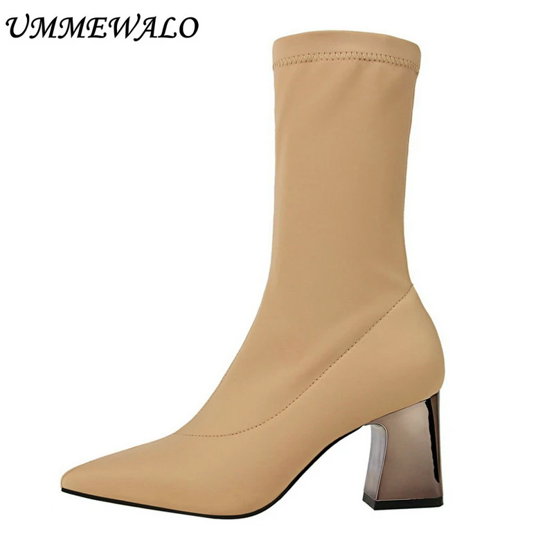 UMMEWALO Pointed Toe Lycra Stretch Sock Boots Women Fashion High Heel Shoes Elastic Ankle Boots Winter Ladies Shoes