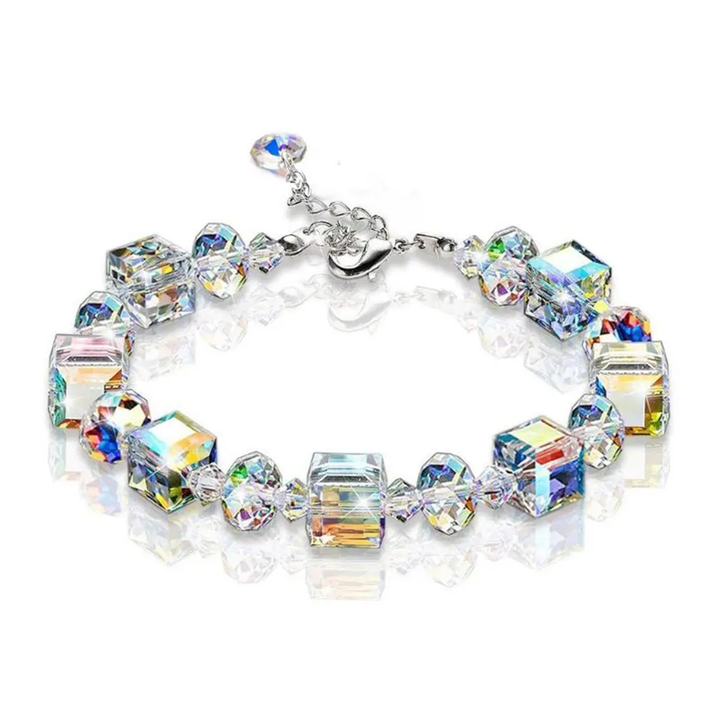 Sparkling Aurora Crystals Link Chain Stretch Bracelet Women Fashion Jewelry Gift Square Shape Bracelet