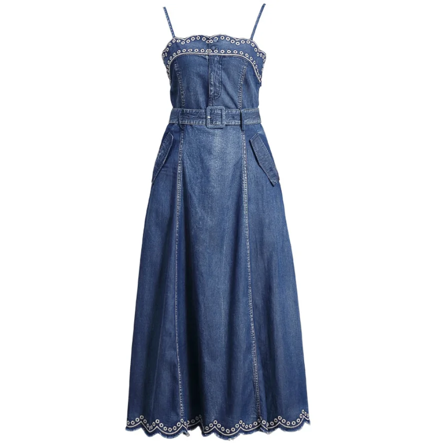 

Women strap Dress 2022 New Summer Embroidered Denim Dress Vintage high Waist Long Dress