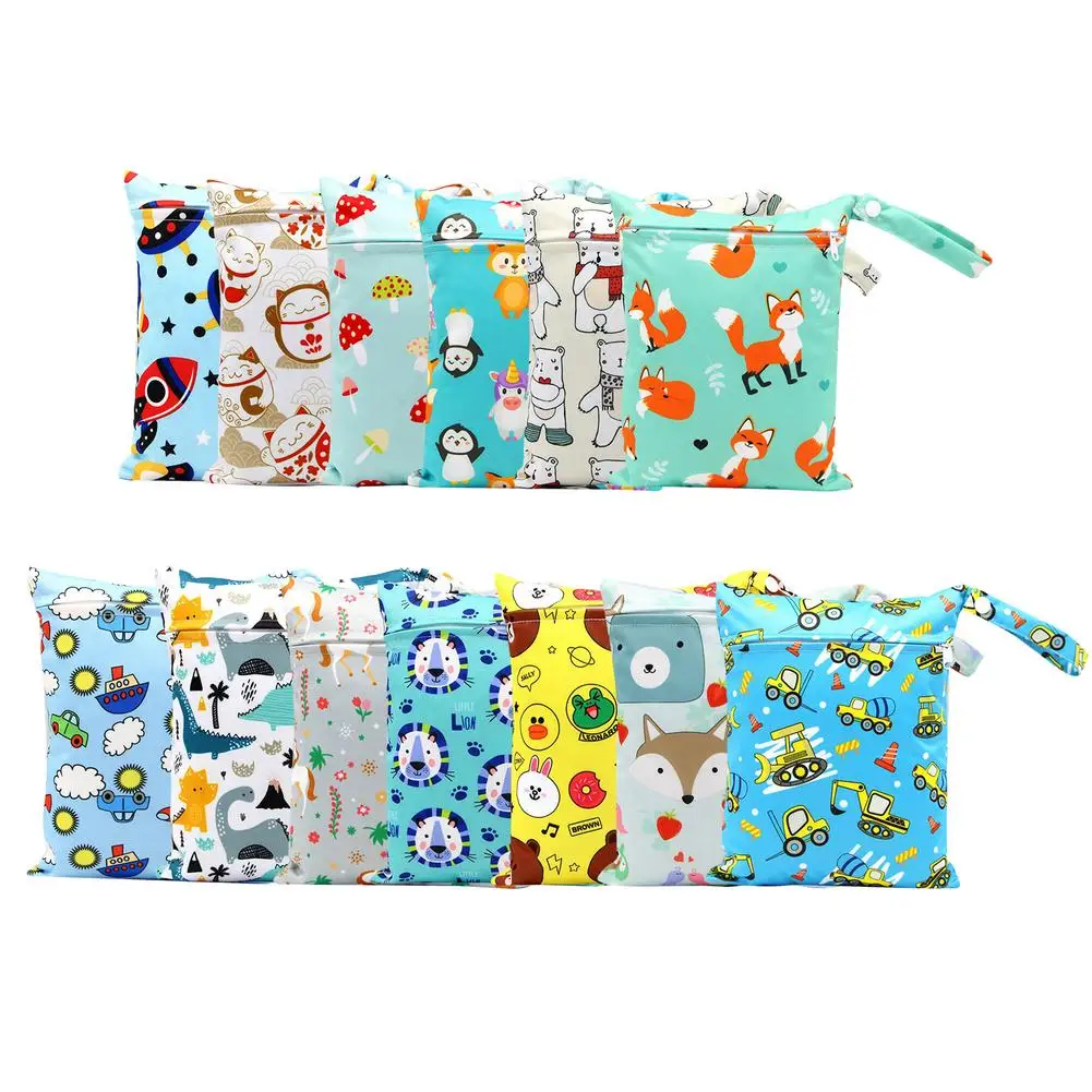 Baby Diaper Bag Cartoon Print Waterproof Wet Dry Nappy Zipper Handbag Stroller Carry Pack Travel Outdoor Wet Diaper Storage Bags