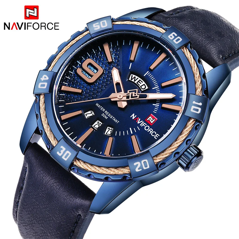 

NAVIFORCE Male Wristwatches Military Sports Week Display Calendar Waterproof Leather Quartz Big Clock Watches Relogio Masculino