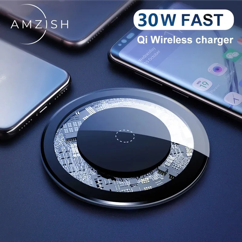 

30W 15W transparent Fast Wireless Charger For iPhone 12 13 XS XR 8 Qi Fast Charging Pad for Samsung Xiaomi Huawei Fast Charger