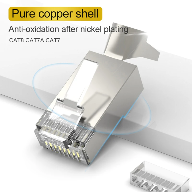 xintylink new CAT8 CAT7 rj45 connector 50U CAT6A ethernet cable plug network SFTP FTP shielded lan jack pass through have hole