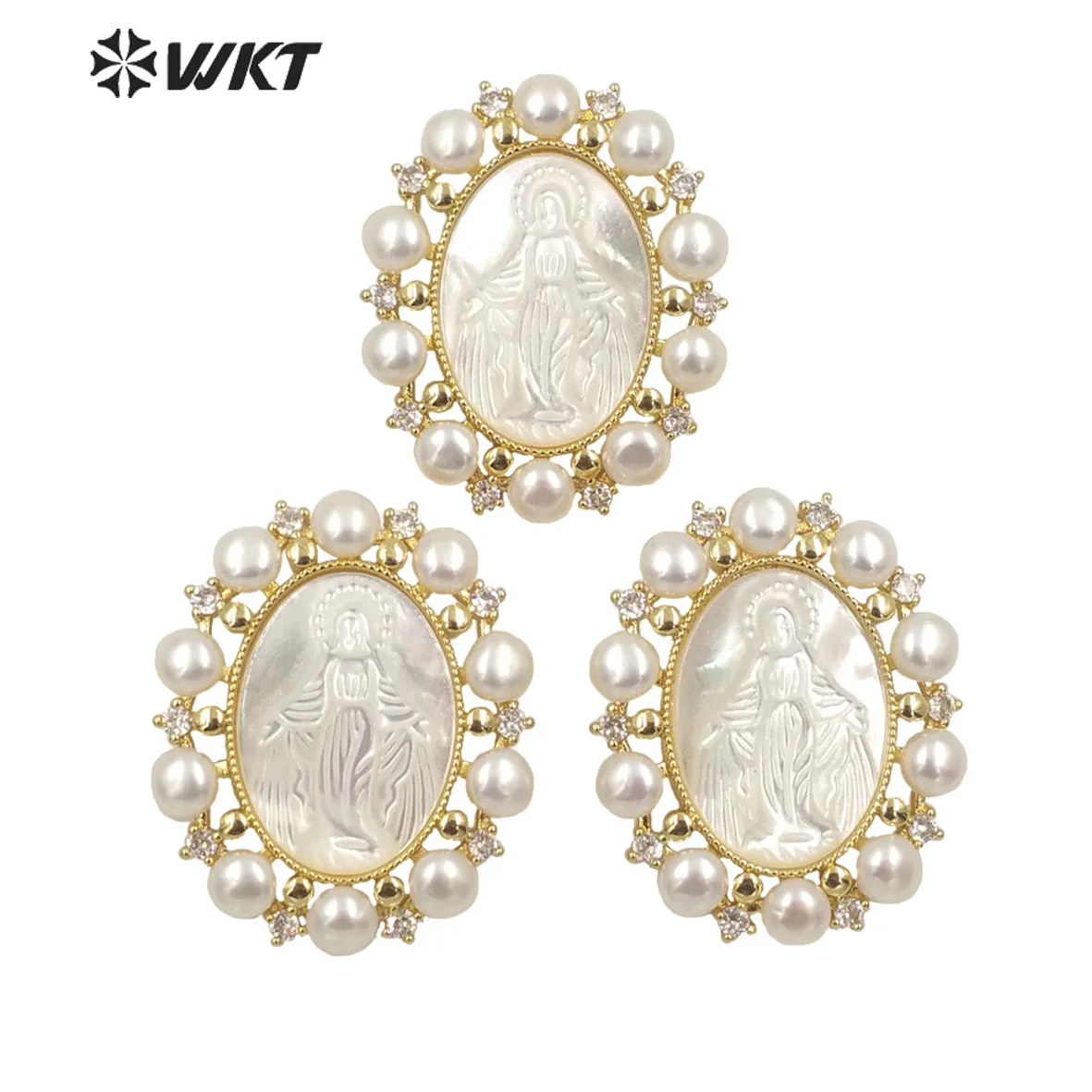 WT-JP277 Amazing Unique gold micropave cubic zircon white shell pendant European hot gorgeous pearl charm Mary pendant