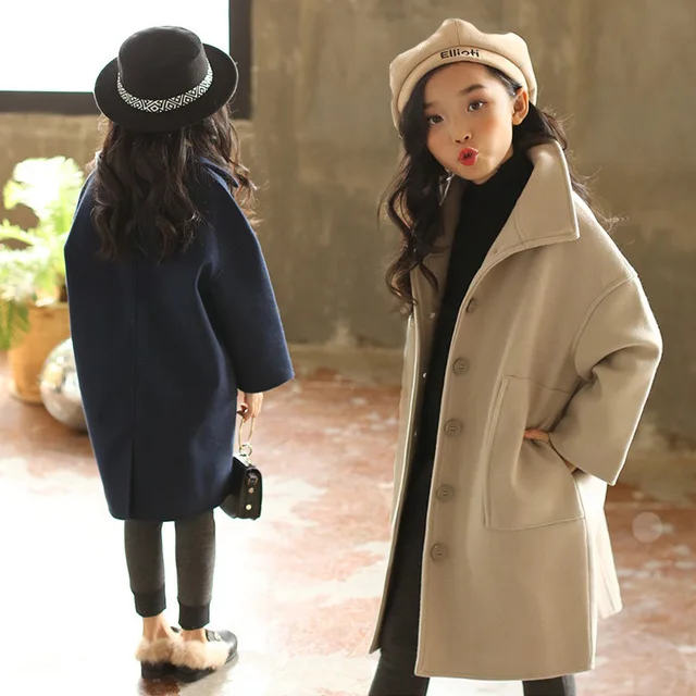 Mother & Girls Woolen Overcoat Kids Casual Jacket Fall Winter Long Children's Single-Row Button Woollen Coat Family Clothes P145