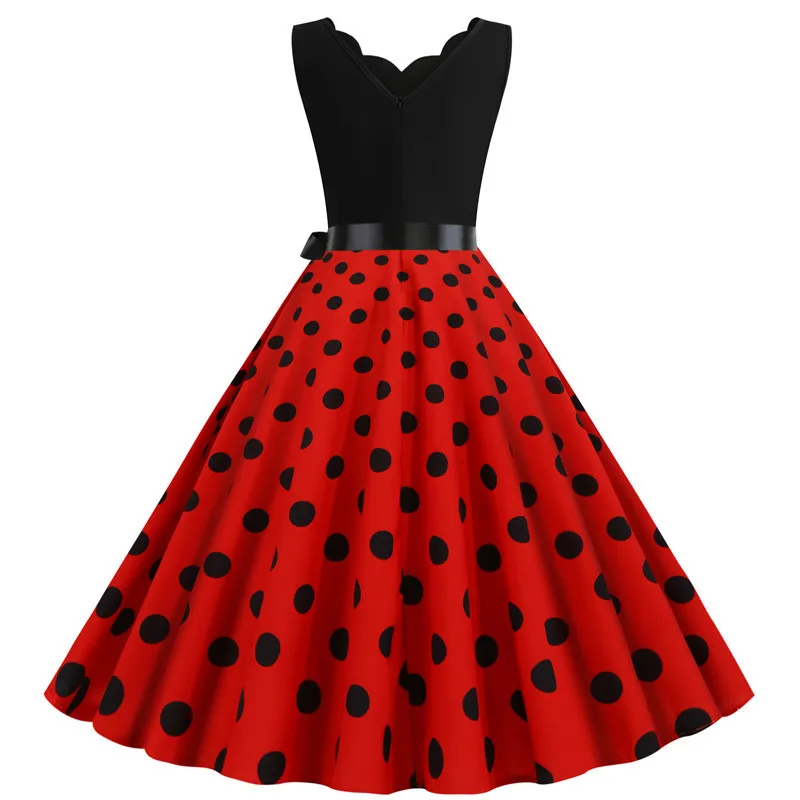 Polka Dot Print Women Summer Dress Black Patchwork Sleeveless V Neck Elegant Vintage Party Casual Midi Dress