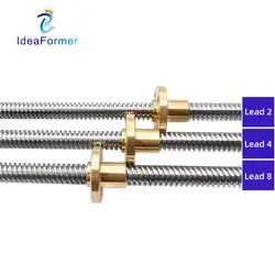 1 Set T8 Diameter 8mm Pitch 2mm Lead 2/4/8mm Trapezoidal Spindle Lead Screw Length 200/250/300/350/400/500/600mm with Brass Nut.
