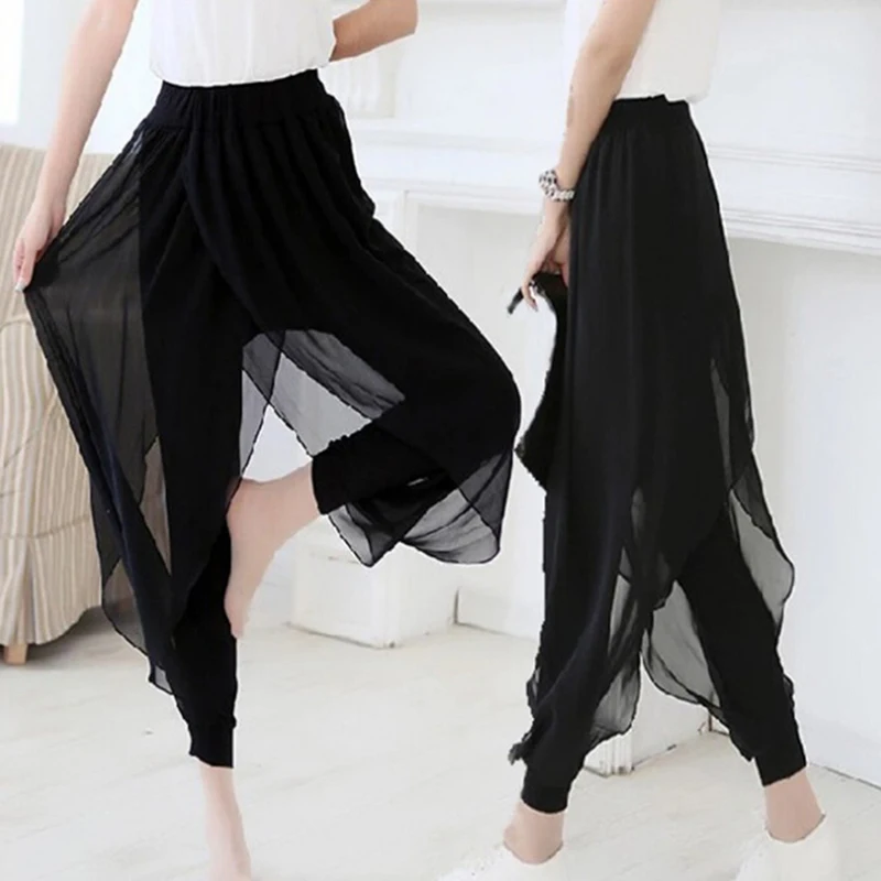 Fashion Summer Women Chiffon Split Flared Skirt Pants Palazzo Boho Wide Leg Loose Trousers Harajuku Pants