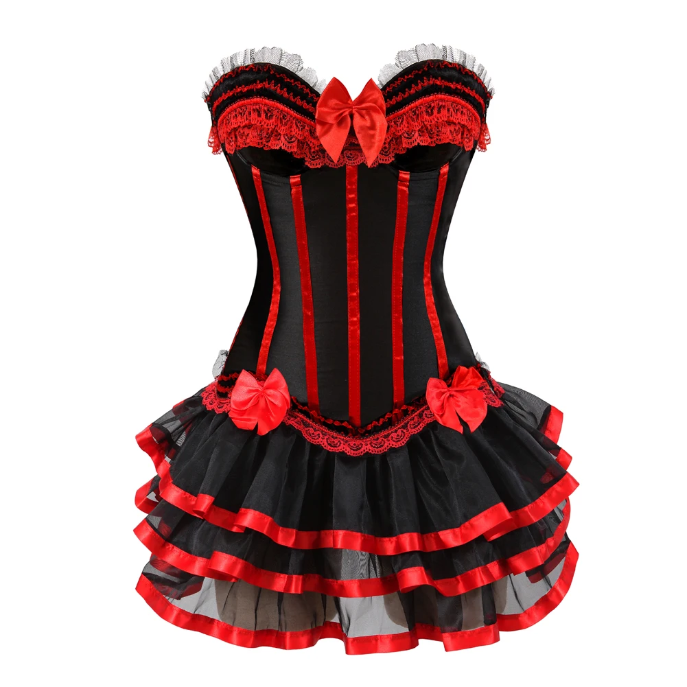 Top de corsé rojo para mujer, de encaje minifalda, disfraz de fiesta de carnaval, vestido de baile Showgirl, vestidos de corsé Sexy con correas