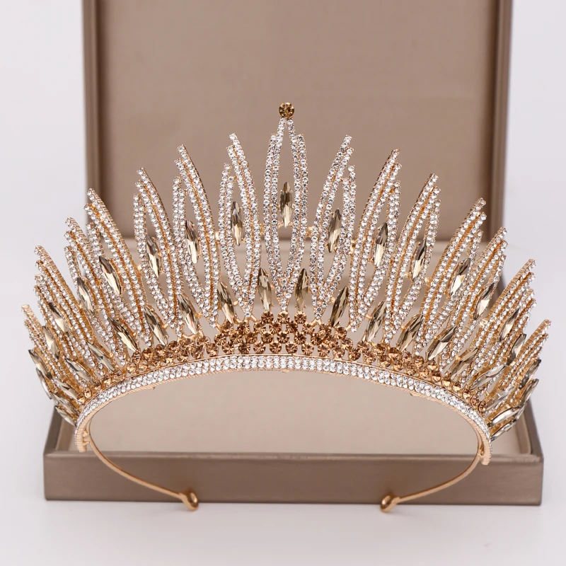 

luxurious Rhinestone Crystal Gold Wedding Big Crown Queen Bridal Tiara Women Beauty pageant Bridal Hair Jewelry Accessories Gift