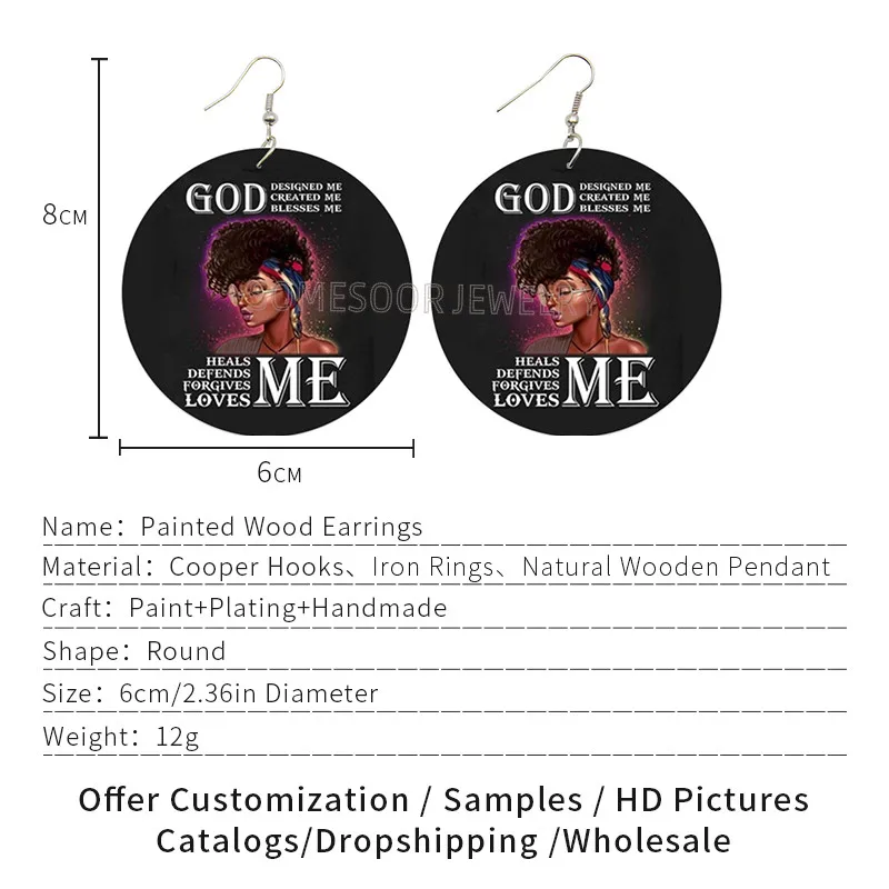 SOMESOOR God Created Blessed Me Afro Arts Wooden Drop Earring Black Curls Natural Hair Designs Painted Dangle For Women Gifts