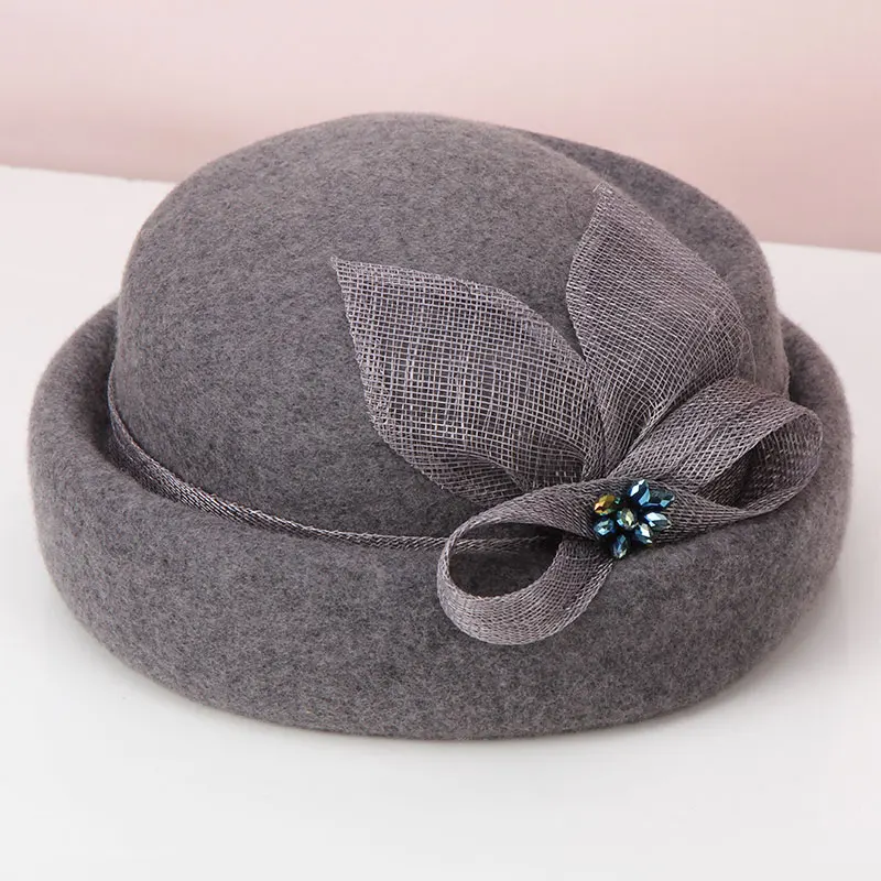 H740 Korean Vintage Wool Fedoras Hat Fall Winter Women Linen Yarn Diamond Decoration Fashion Cap Lady Church Party Elegant Caps