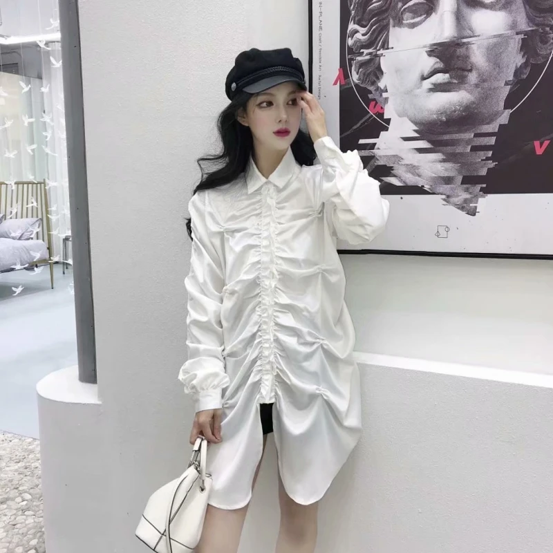 Fold Designer Blouse Women Spring New Fashion Loose Long Sleeve Satin High Street Vintage White/Black Dress Shirt