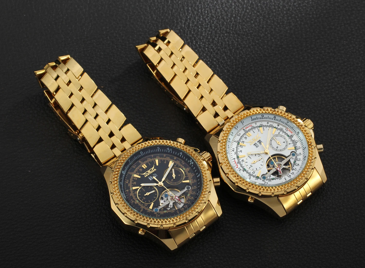 JARAGAR Alloy mechanical watch Casual flywheel nail scale mechanical watch Calendar week Gold strap Wrist watch