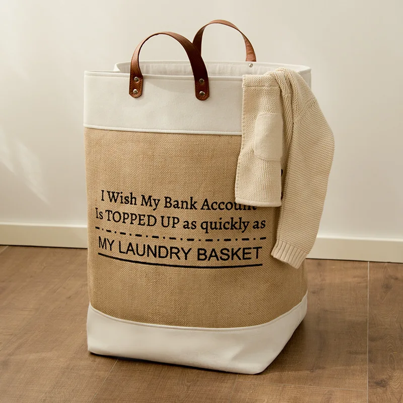 Foldable Laundry Basket with PU Handle Dirty Clothes Basket Cotton Linen Storage Bag Jute Stitching Home Laundry Organizer Hamp