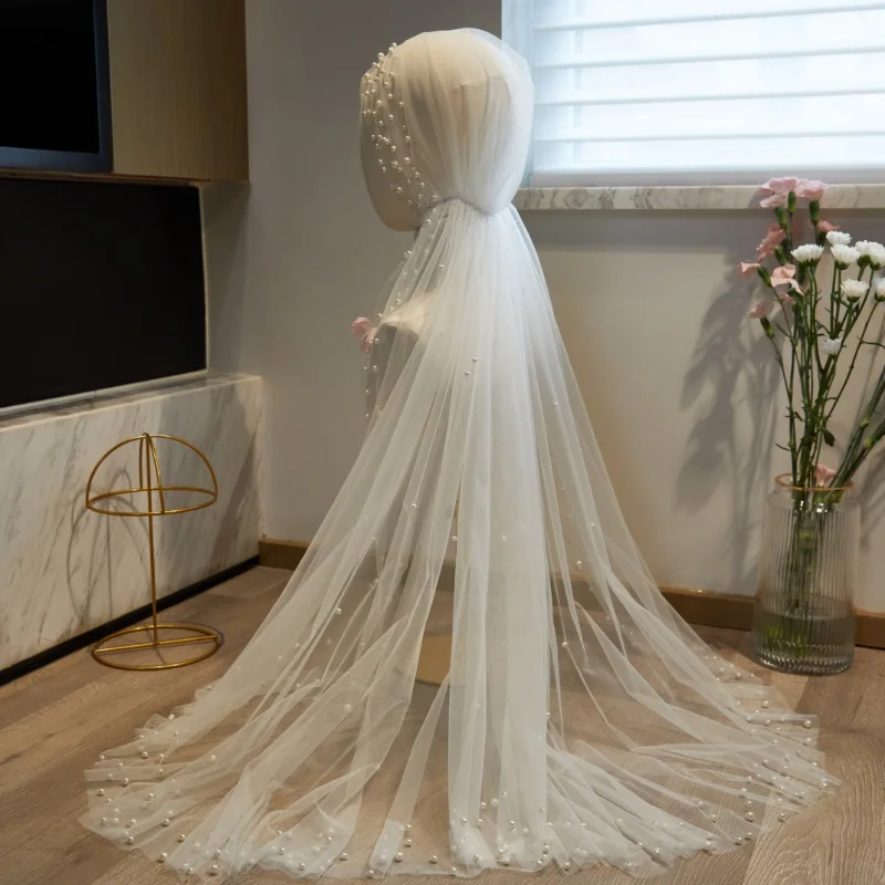 2022 nova tule cachecol véu de casamento elegante cabeça capa de noiva com pérolas beading velo novia voile femme musulman