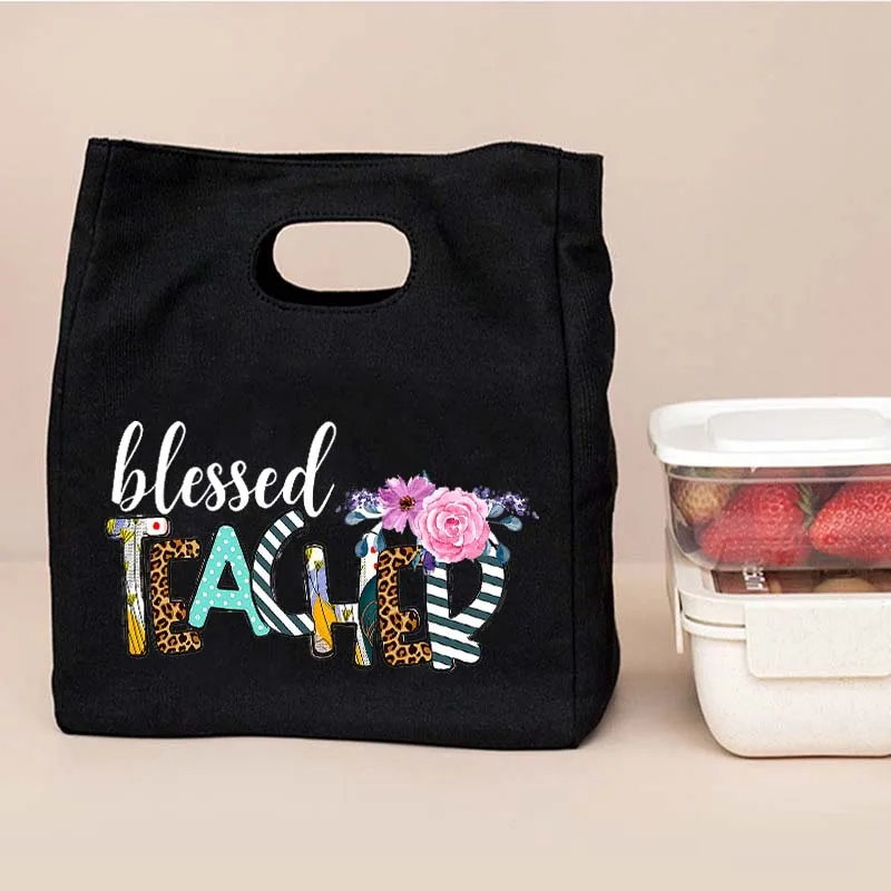 Blessed Teacher Functional Cooler Lunch Bags Portable Insulated Canvas Bento Tote Thermal Food School Food Storage Bag Best Gift