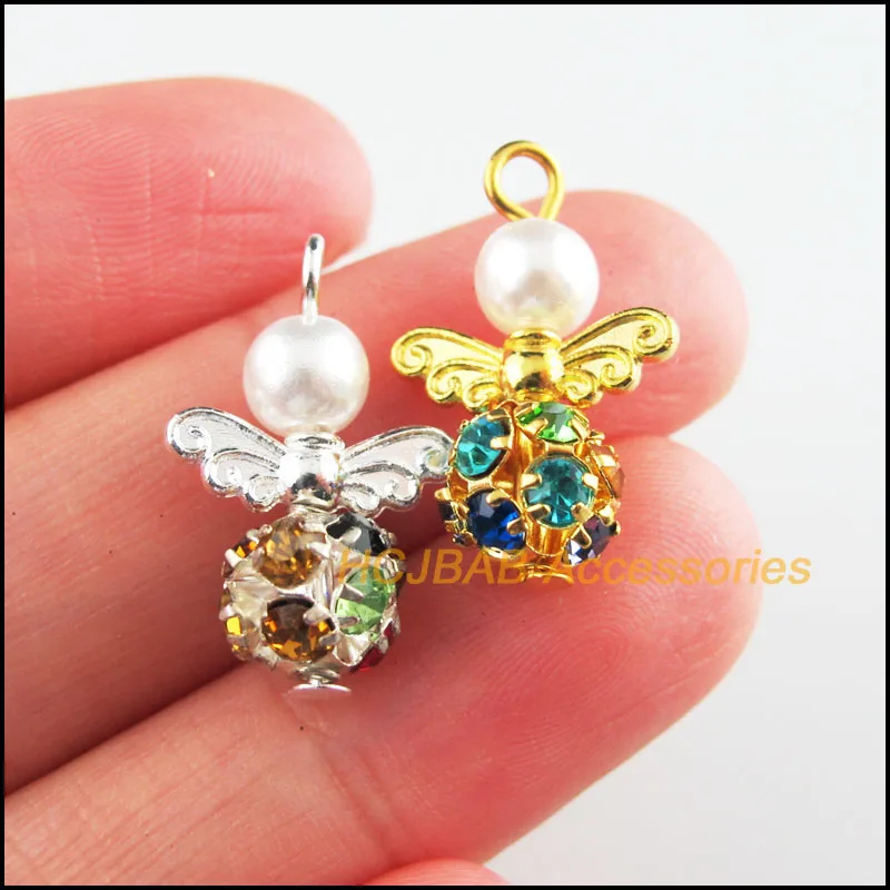 10Pcs Silver Plated & Gold Color Colored Crystal White Angel Charms Pendants 14x22mm