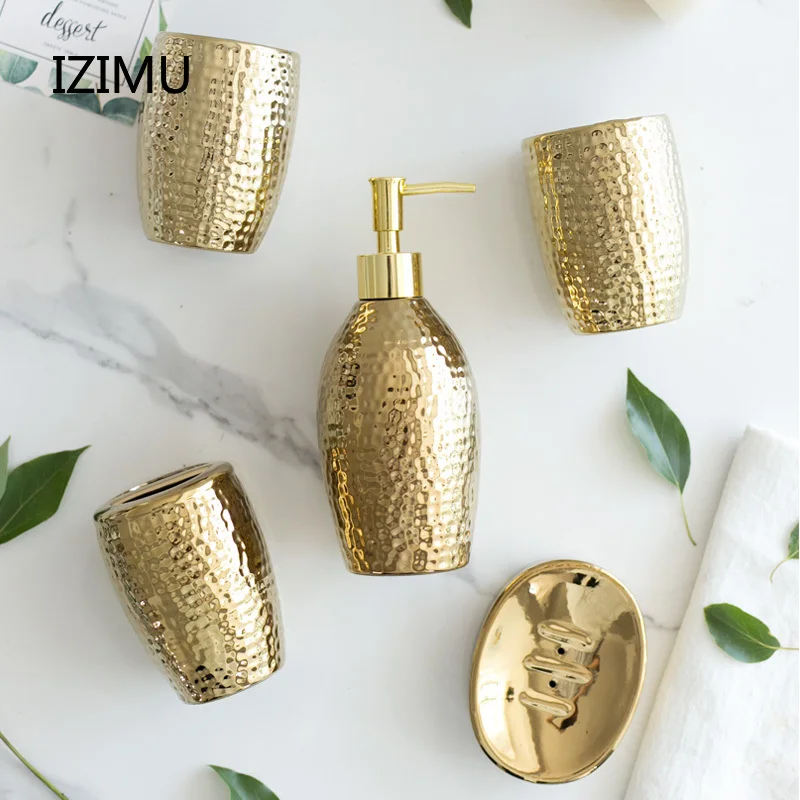 IZIMU Nordic Lxury Ceramic Toiletries Gargle Brushing Cup Golden Bathroom Five-piece Set Toilet Bathroom Soap Dispenser Set