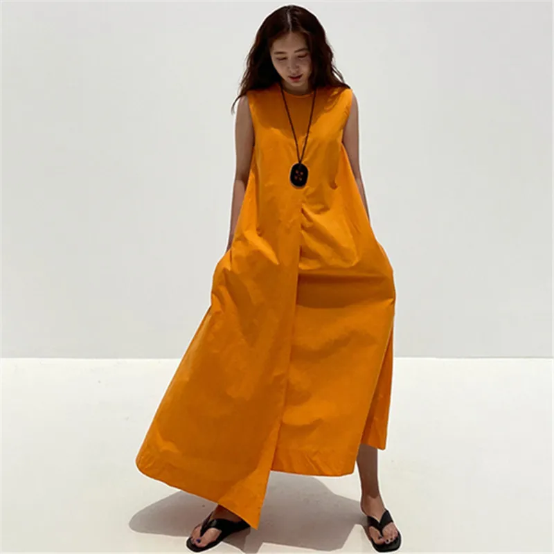 

IHOBBY Bright Orange Irregular Long Dress Fashion Joker Sleeveless Spilt Back Lace Up Doll Loose Casual Dress