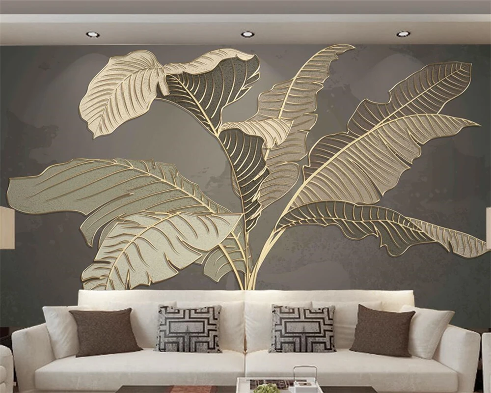 

beibehang Custom modern new papel de parede hand-painted plantain green plants light luxury golden line background wallpaper