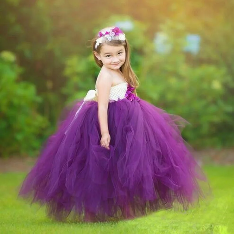 Girls Fuchsia Flower Tutu Dress Kids Crochet Tulle Dress Ball Gown with Strap and Headband Children Birthday Party Costume Dress