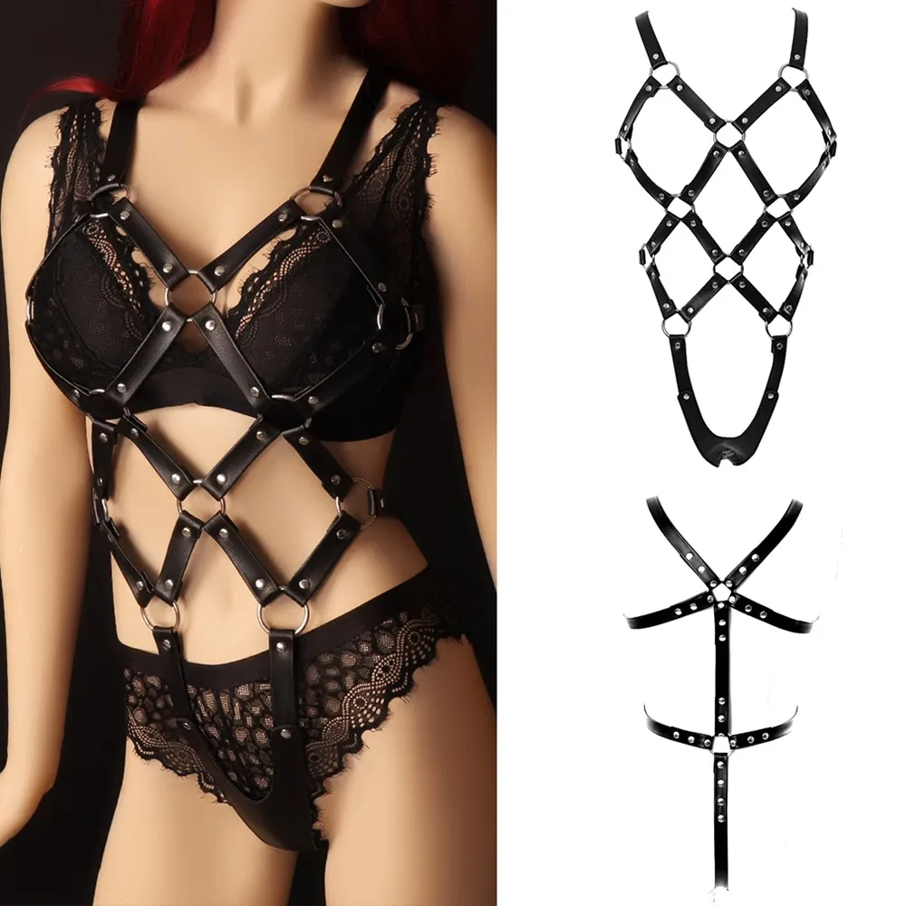 PU Leather Goth Full Body Harness For Belt Suspenders Bondage Bdsm Belt Fetish Lingerie Chain Rivet Accessory Erotic Stockings