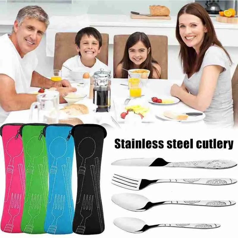 4pcs Steel Knifes Fork Spoon Family Travel Camping Cutlery Eyefuldiving Bag Picnic Steak Steel Cutlery Set