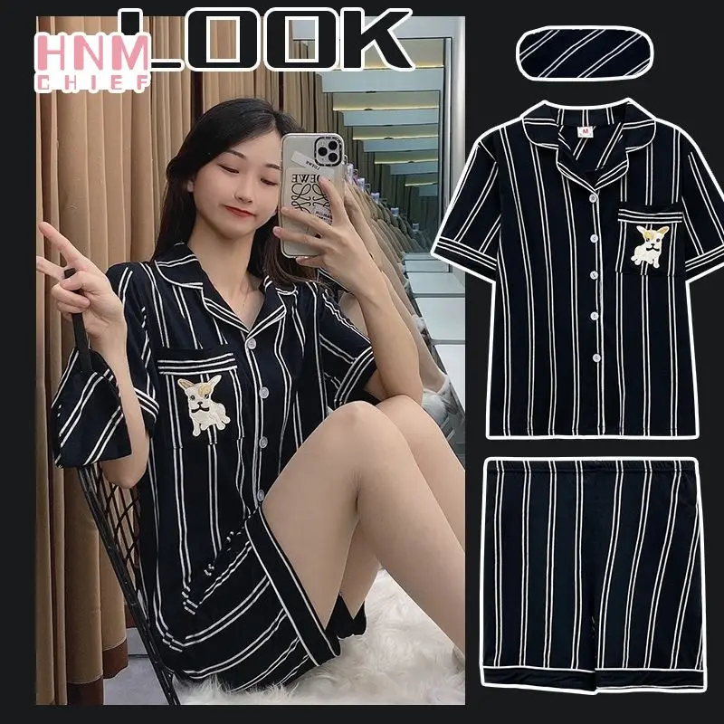 Fashion Black Stripe Print Pajama Sets Comfort Breathable Short Sleeve Sleepwear Couple Daily Nightgown Loose Casual Pajamas Set