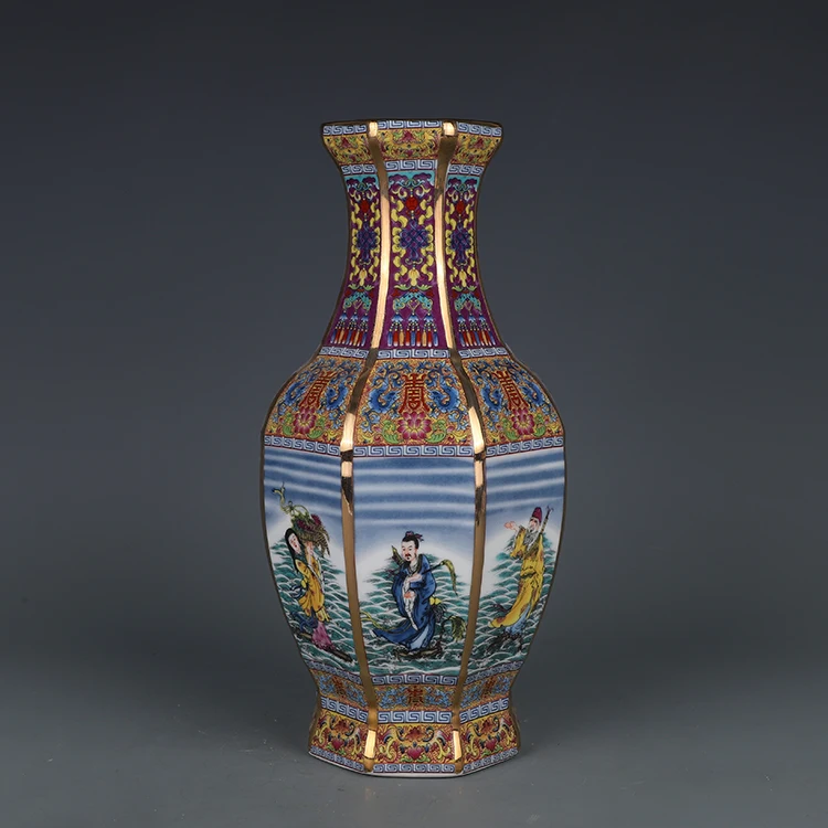 Qianlong Pastel Eight Immortals Figure Octagonal Vase Jingdezhen Antique Porcelain Vase Home Chinese Ornaments