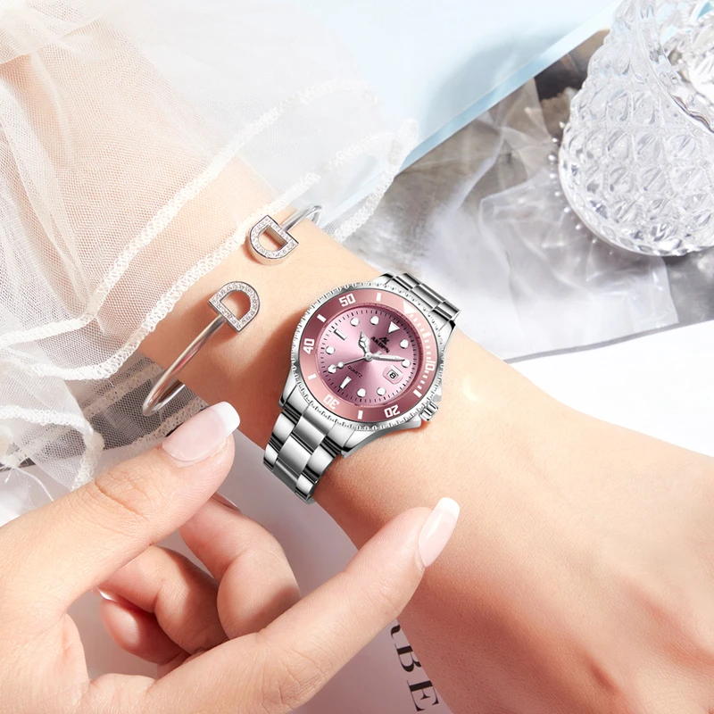 Moda Casal Quartz Assista Aço Inoxidável Strap Impermeável Relógio Verde Rosa Dial Data Relógio para Amantes Presente Reloj