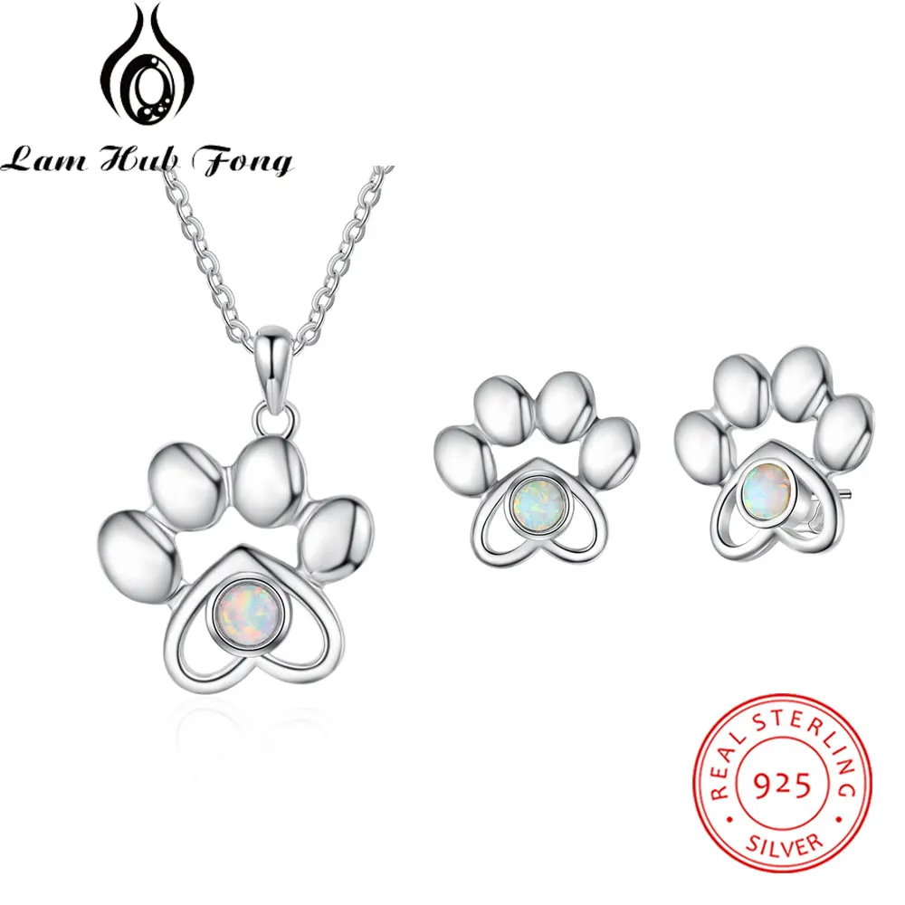 Women Jewelry Sets Necklaces Earrings Cute Paw Necklaces Pendant Animal Dog Footprints Stud Earrings Opal Jewelry (Lam Hub Fong)