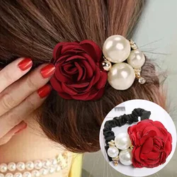 Fashion Women Rose Elastic Scrunchies Hair Bands Big Flower Rhinestones Pearls Flower Hair Rope Rubber Ponytail Hair Accessories