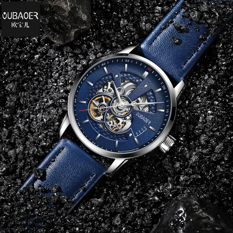 OUBAOER Fashion Blue Leather Wristwatches Mens Mechanical Skeleton Watch Top Brand Luxury Male Automatic Clock Relogio Masculino