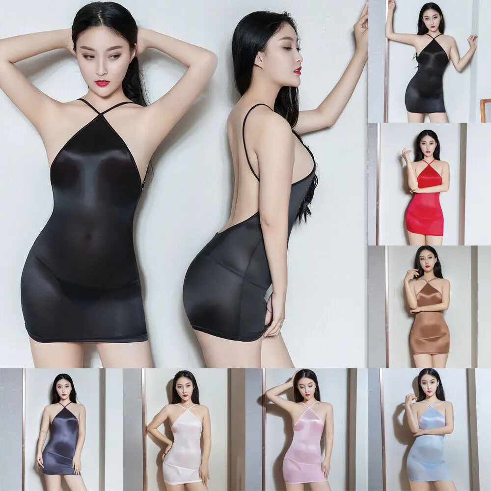 Sexy Vrouwen Shiny Glossy Sheer Bodycon Mini Jurk Transarent Halter Mini Ruglooze Nachthemd